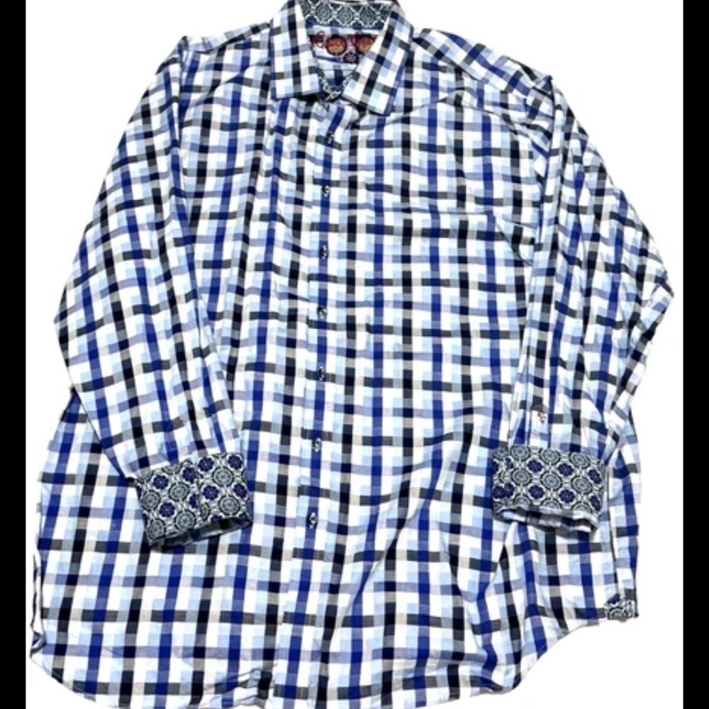 Robert Graham Plaid Cotton Shirt Size 3XLT Blue Classic Fit Flip Cuff Men's